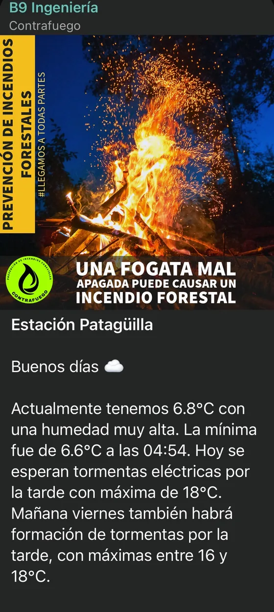 Ejemplo de mensaje matutino en WhatsApp: imagen que advierte que una fogata mal apagada puede causar un incendio forestal, seguida del pronóstico del día.