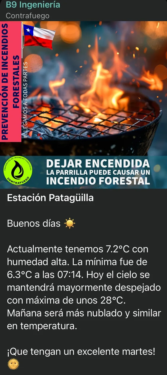 Ejemplo de mensaje matutino en WhatsApp: imagen que advierte que dejar encendida la parrilla puede causar un incendio forestal, seguida del pronóstico del día.